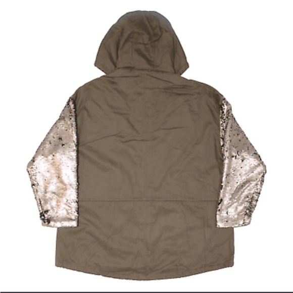 Zara Changing Sequin Sleeve Parka Olive Green Utility Jacket Shiny Sparkly - Picture 11 of 16